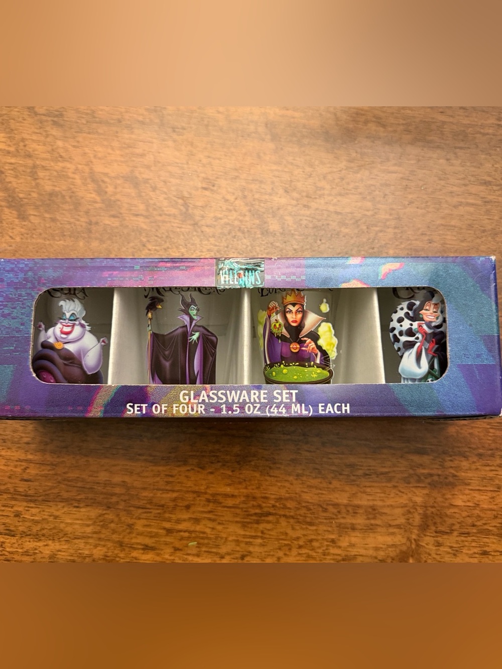 Disney VILLAINS Glassware Set of‎ 4 Glasses 1.5oz NIB shot glasses  NEW